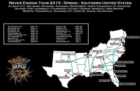 (O mapa está desatualizado, mas é legal para ter uma noção da extensão da turnê, que prioriza a região sul dos EUA)